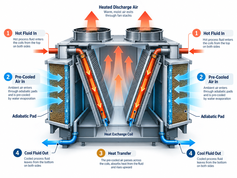 Adiabatic cooler working principle diagram showing dry mode and adiabatic mode